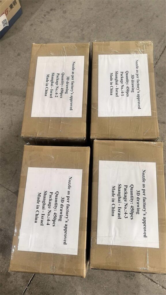 Carton labels for ABS plastic nozzle shipment to Israel with 450 pcs per carton